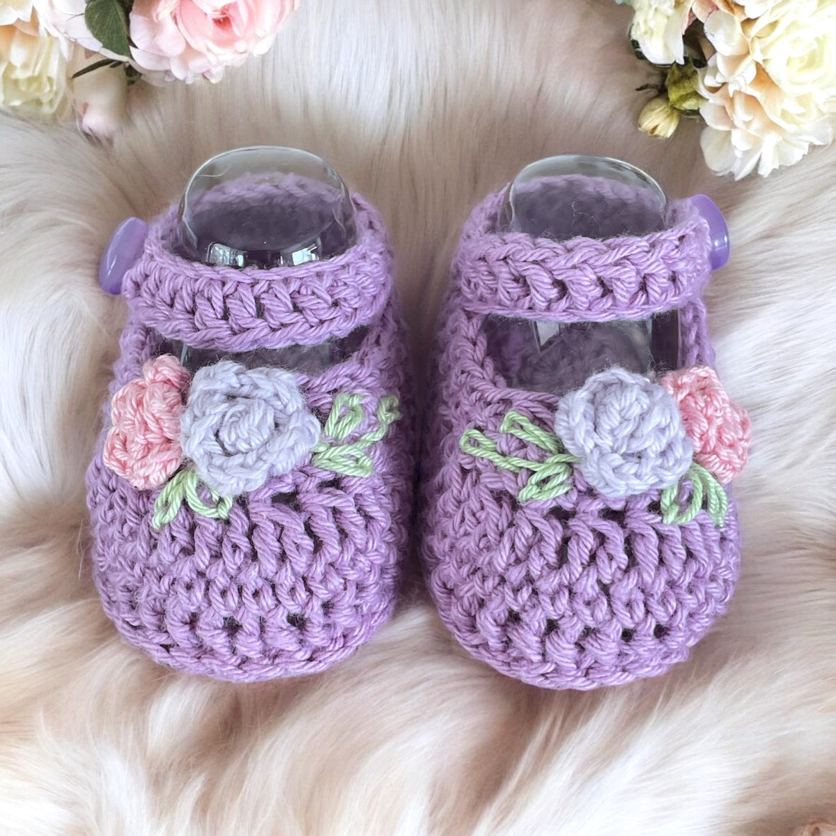 Crochet baby booties, Mary Jane rose shoes