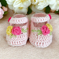 Crochet baby booties, Soft pink Mary Jane rose shoes