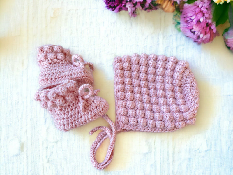 Crochet Cotton Bobble Baby Romper, size 3-9 months. Mary Jane booties –  BumbleBeeDesigns