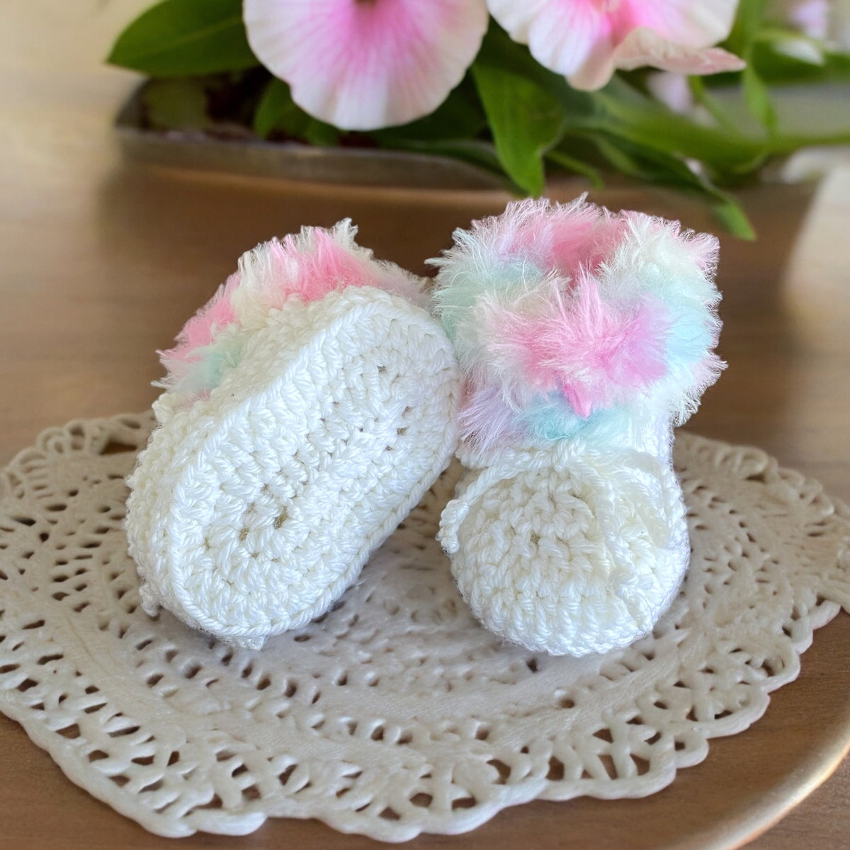 Fur Crochet baby booties with rainbow fur