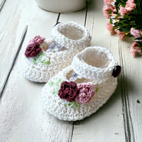 Crochet baby booties, Cream Mary Jane rose shoes